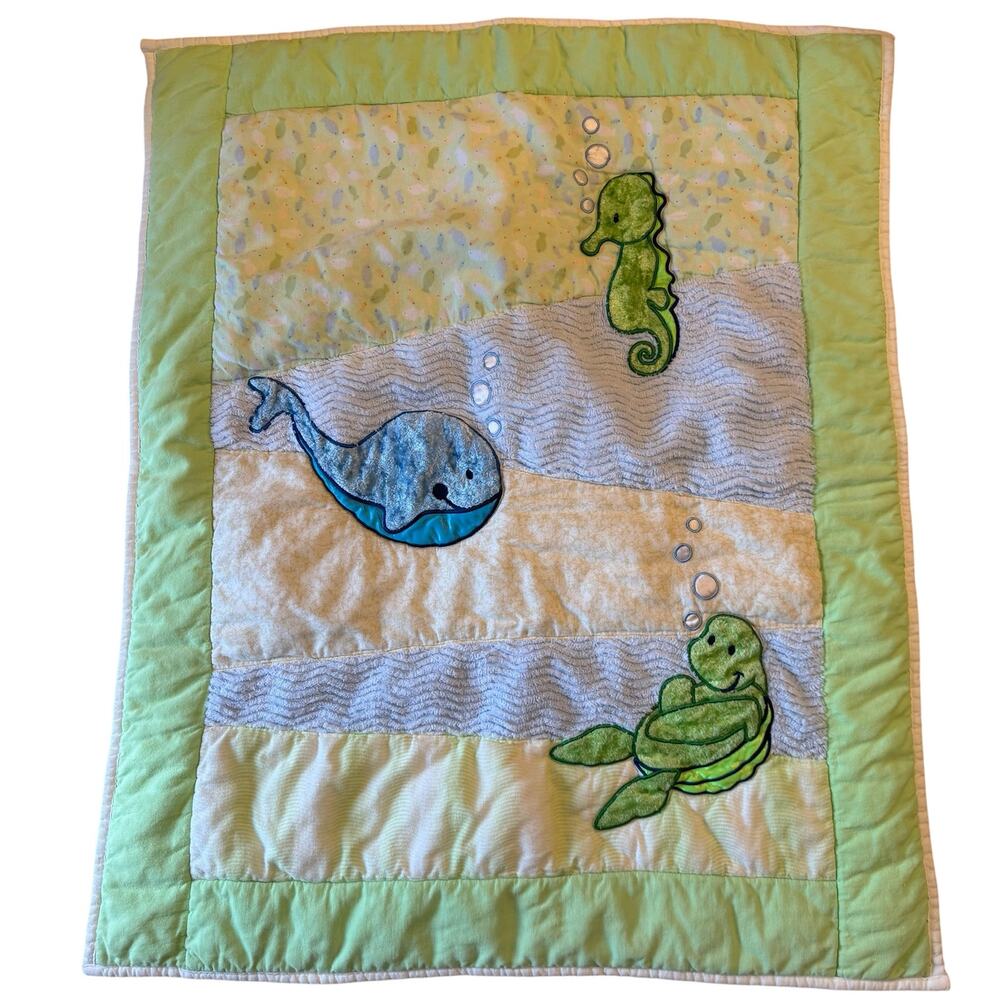 Baby Quilt Blanket Handmade Ocean Theme with Whale Seahorse and Sea Turtle 36x42